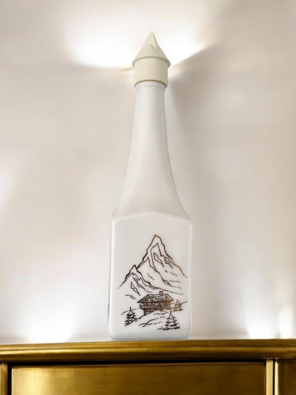 Vintage Mid Century Milk Glass Alpine Bottle with Chalet Illustration ~ EUC